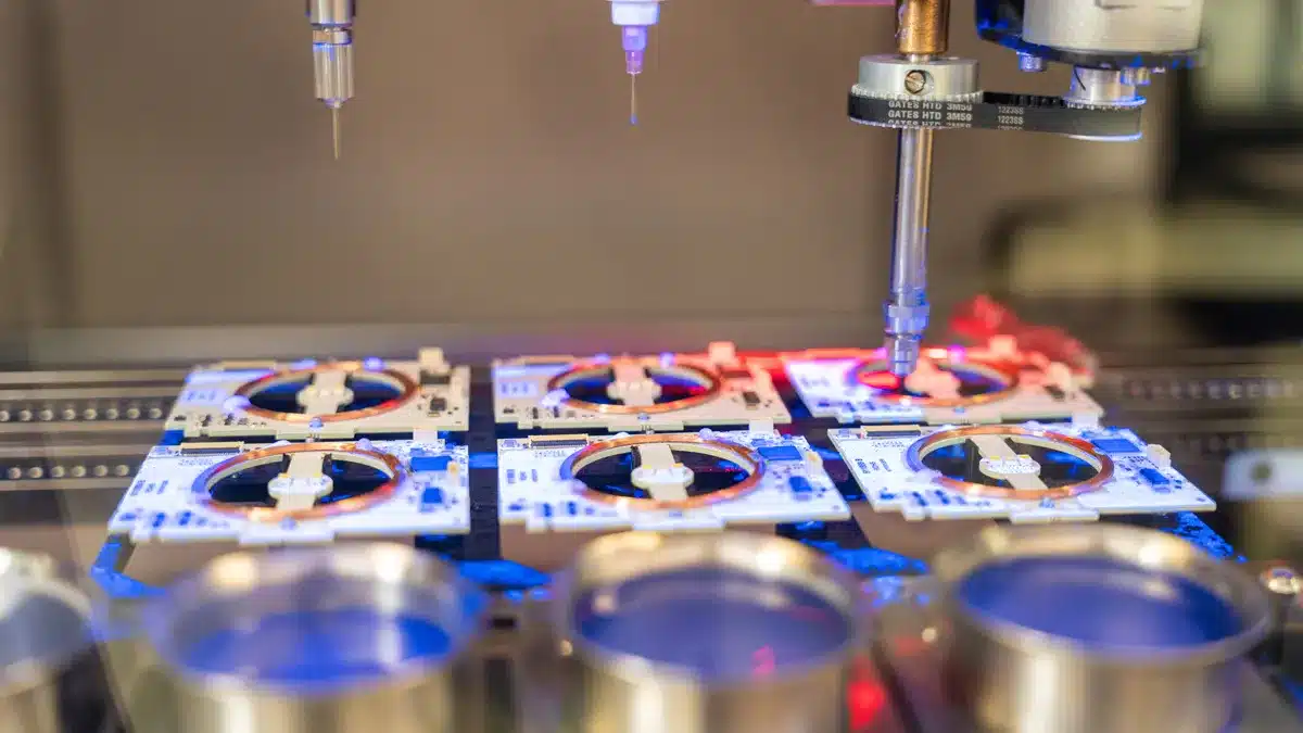 Machine de dépose sélective appliquant un vernis de tropicalisation sur des cartes électroniques